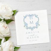 Blue Hydrangea Watercolor Monogram Crest Wedding Servet