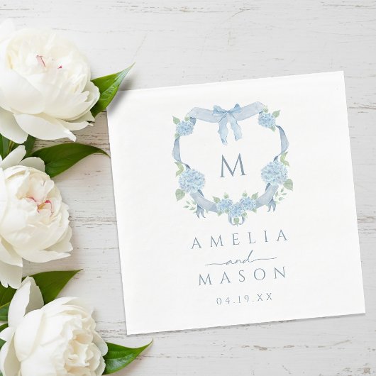 Blue Hydrangea Watercolor Monogram Crest Wedding Servet