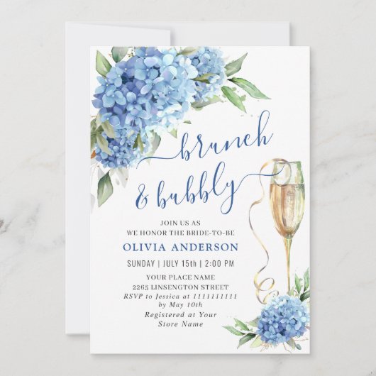 Blue Hydrangea Waterverf Bloemen Brunch en Bubbly Kaart (Voorkant)