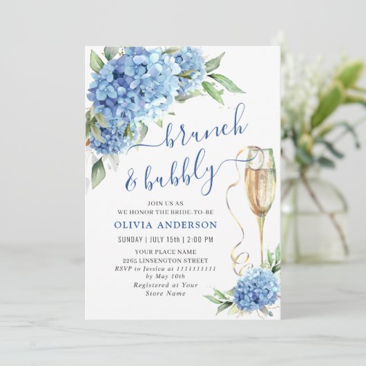 Blue Hydrangea Waterverf Bloemen Brunch en Bubbly Kaart (Staand voorkant)