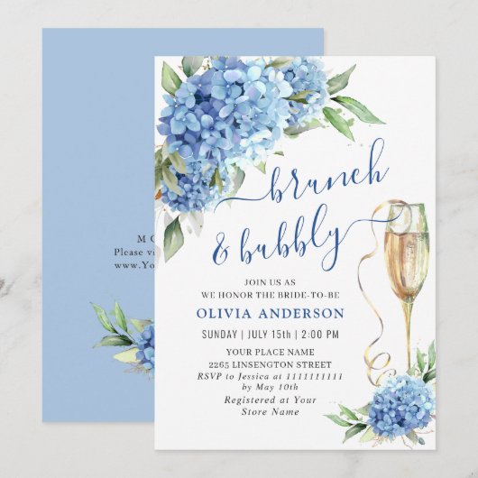 Blue Hydrangea Waterverf Bloemen Brunch en Bubbly Kaart (Voorkant / Achterkant)
