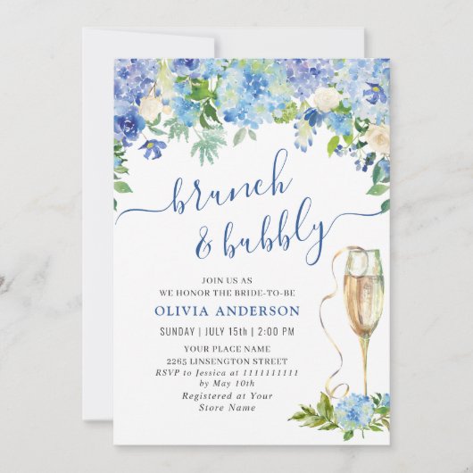 Blue Hydrangea Waterverf Bloemen Brunch en Bubbly Kaart (Voorkant)