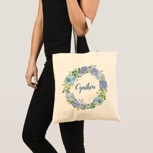 Blue Hydrangea Waterverf Bloemen Krans Bruidsmeisj Tote Bag (Voorkant (product))