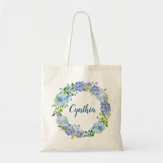 Blue Hydrangea Waterverf Bloemen Krans Bruidsmeisj Tote Bag (Voorkant)
