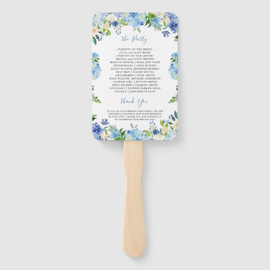 Blue Hydrangea Waterverf Bloemen Trouwprogramma Handwaaier (Achterkant)