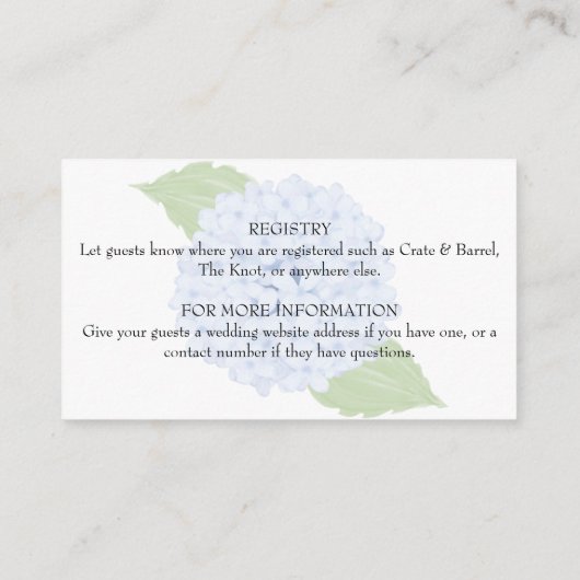 Blue Hydrangea Waterverf bruiloft details Informatiekaartje (Achterkant)