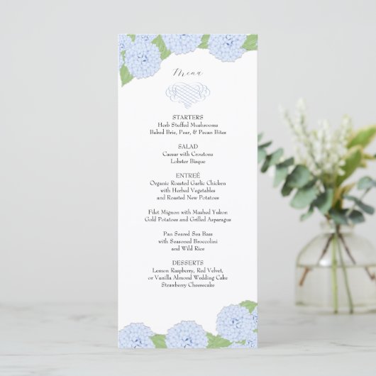 Blue Hydrangea Waterverf Bruiloft Menu (Staand voorkant)