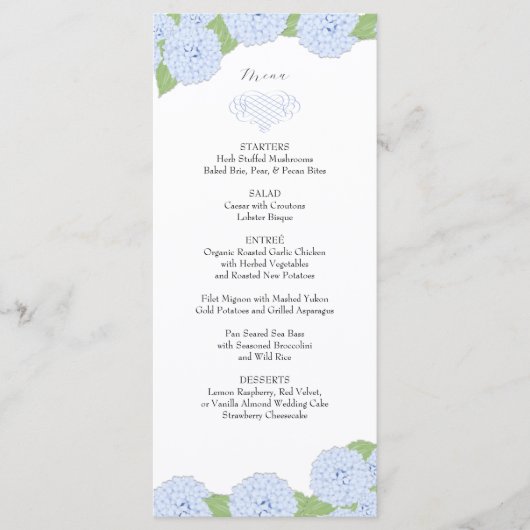Blue Hydrangea Waterverf Bruiloft Menu (Voorkant)