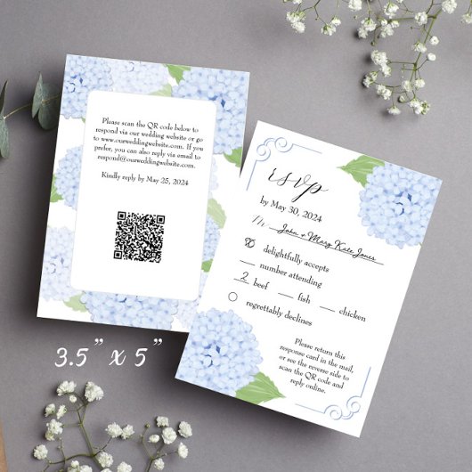 Blue Hydrangea Waterverf bruiloft RSVP w / QR-code Kaartje