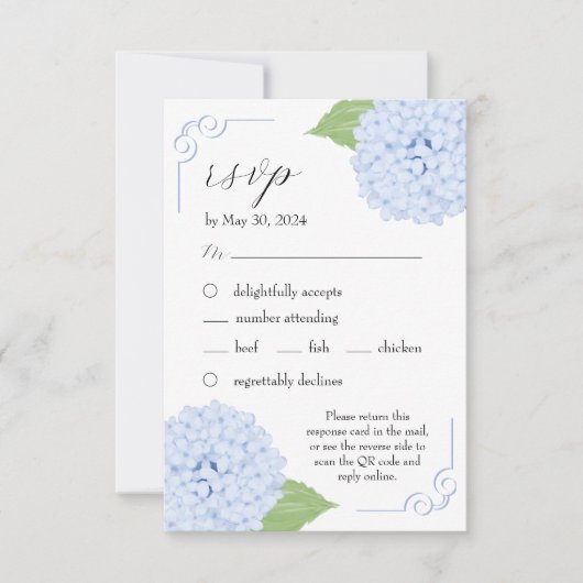 Blue Hydrangea Waterverf bruiloft RSVP w / QR-code Kaartje (Voorkant)