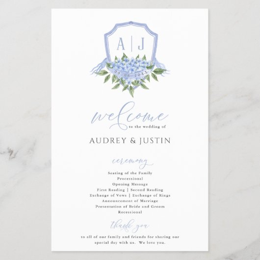 Blue Hydrangea Waterverf Crest Papier Programma Flyer (Voorkant)