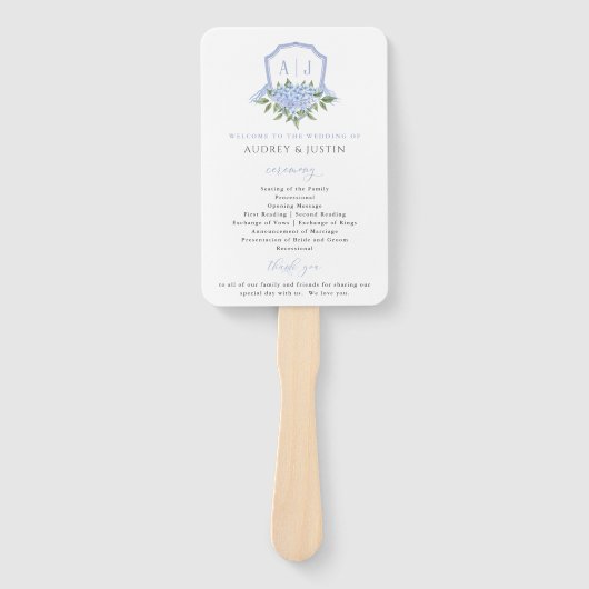 Blue Hydrangea Waterverf Crest Trouwprogramma Handwaaier (Voorkant)