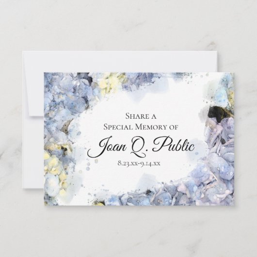 Blue Hydrangea Waterverf Deel een Geheugenbegrafen Notitiekaartje (Voorkant)