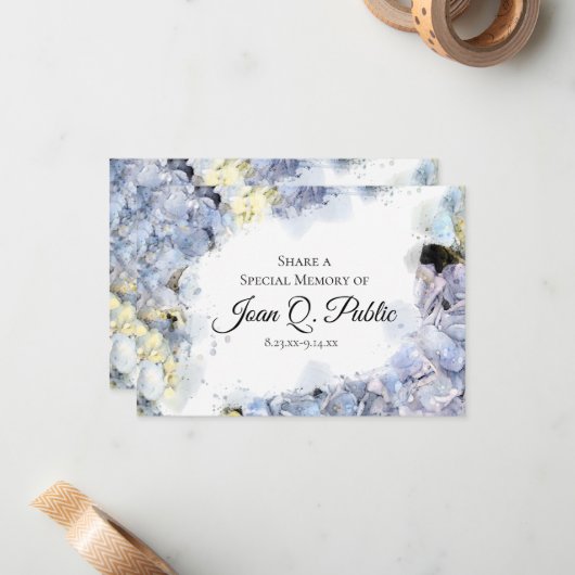 Blue Hydrangea Waterverf Deel een Geheugenbegrafen Notitiekaartje (Voorkant / Achterkant in situ)