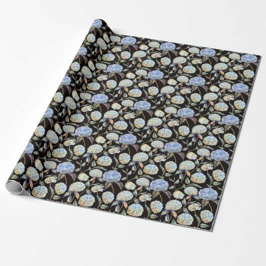 Blue Hydrangea Waterverf: Donker naadloos patroon Cadeaupapier (Uitgerold)
