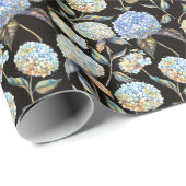 Blue Hydrangea Waterverf: Donker naadloos patroon Cadeaupapier (Rol Hoek)