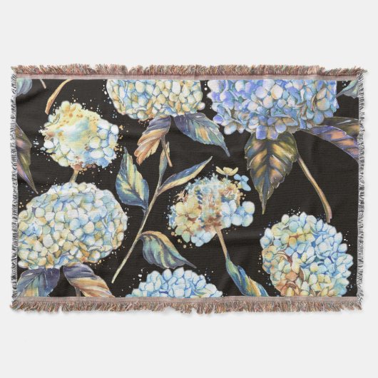 Blue Hydrangea Waterverf: Donker naadloos patroon Deken (Voorkant)