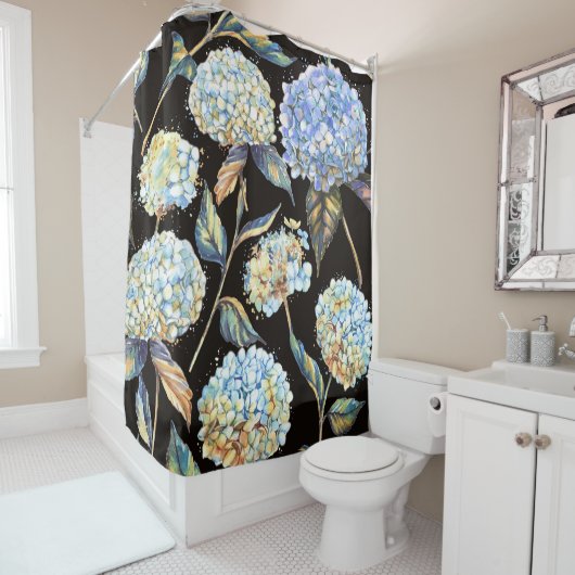 Blue Hydrangea Waterverf: Donker naadloos patroon Douchegordijn (In situ)
