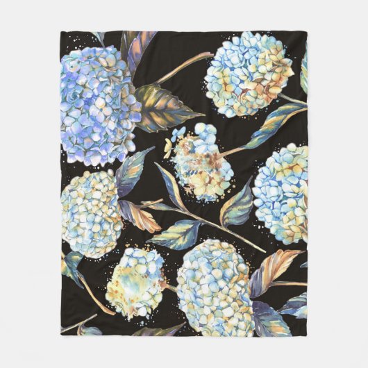 Blue Hydrangea Waterverf: Donker naadloos patroon Fleece Deken (Voorkant)
