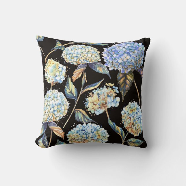 Blue Hydrangea Waterverf: Donker naadloos patroon Kussen (Voorkant)