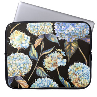 Blue Hydrangea Waterverf: Donker naadloos patroon Laptop Sleeve