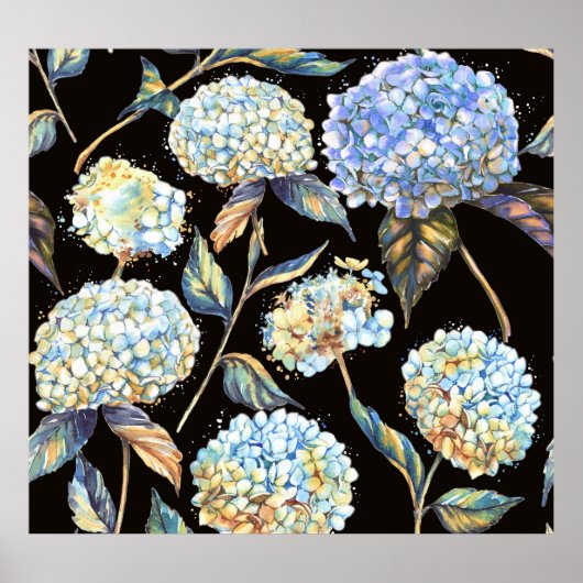 Blue Hydrangea Waterverf: Donker naadloos patroon Poster (Voorkant)