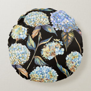 Blue Hydrangea Waterverf: Donker naadloos patroon Rond Kussen