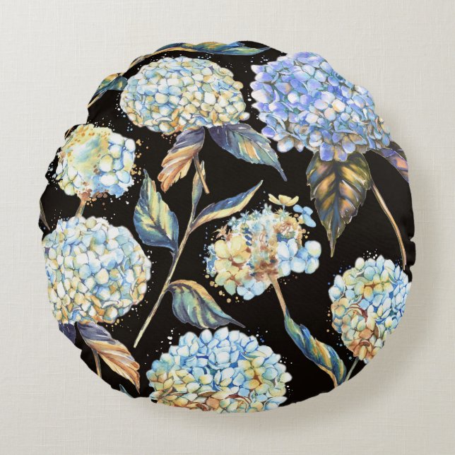 Blue Hydrangea Waterverf: Donker naadloos patroon Rond Kussen (Voorkant)