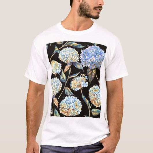 Blue Hydrangea Waterverf: Donker naadloos patroon T-shirt (Voorkant)