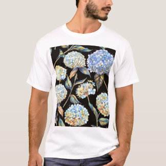 Blue Hydrangea Waterverf: Donker naadloos patroon T-shirt