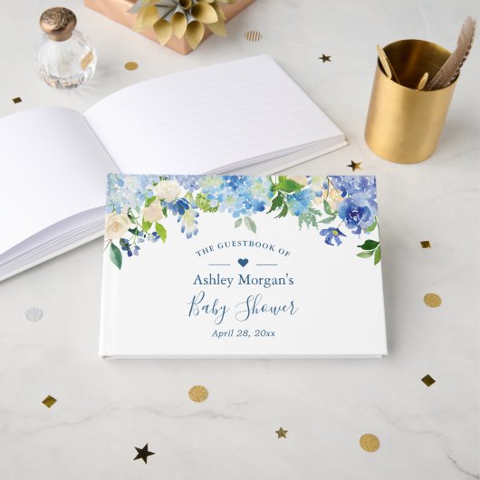Blue Hydrangea Waterverf Floral Baby shower Gastenboek (Voorkant open)