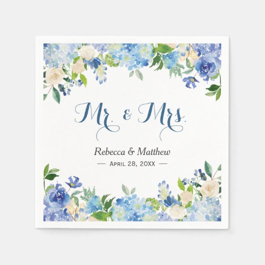 Blue Hydrangea Waterverf Floral Mr & Mrs Wedding Servetten (Voorkant)