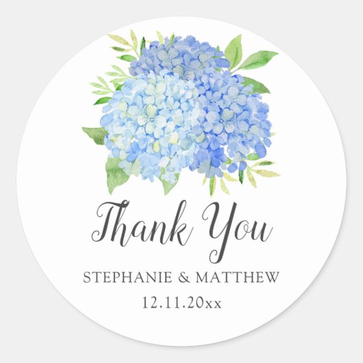 Blue Hydrangea Waterverf Floral Wedding Dank je Ronde Sticker (Voorkant)