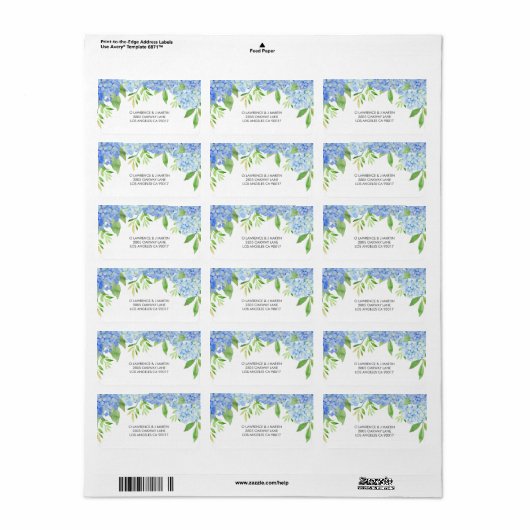 Blue Hydrangea Waterverf Flowers Wedding Etiket (Full Sheet)