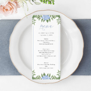 Blue Hydrangea Waterverf Flowers Wedding Menu