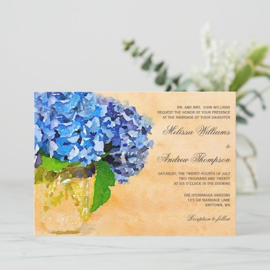 Blue Hydrangea Waterverf Mason Jar Wedding Kaart (Staand voorkant)