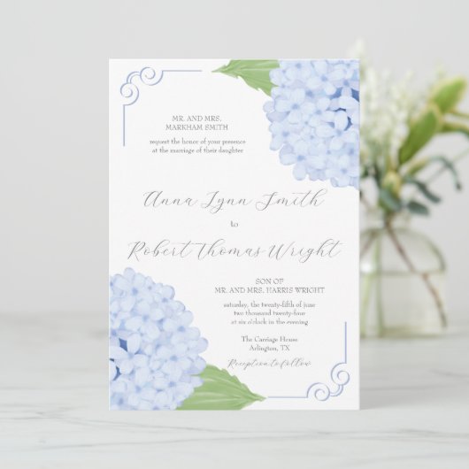 Blue Hydrangea Waterverf Script Wedding Kaart (Staand voorkant)