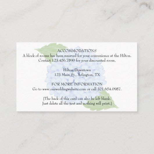 Blue Hydrangea Waterverf Trouwtijdlijn Informatiekaartje (Achterkant)