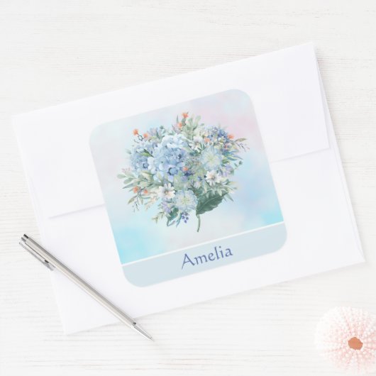 Blue Hydrangea Waterverf Vierkante Sticker (Envelop)
