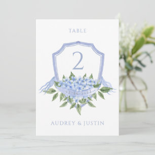 Blue Hydrangea Wedding Crest Table Kaart