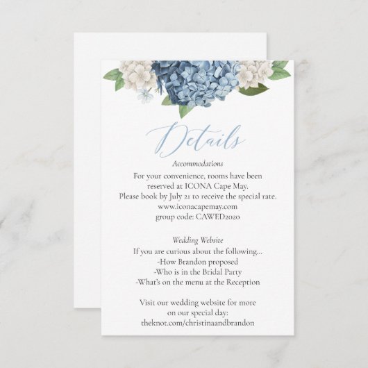 Blue Hydrangea Wedding Details Enclosure Card Informatiekaartje (Voorkant / Achterkant)