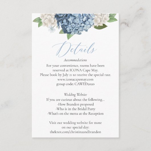 Blue Hydrangea Wedding Details Enclosure Card Informatiekaartje (Voorkant)