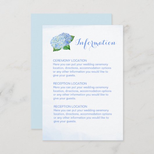 Blue Hydrangea Wedding Information Cards Informatiekaartje (Voorkant / Achterkant)
