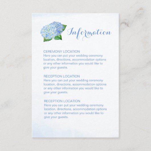 Blue Hydrangea Wedding Information Cards Informatiekaartje (Voorkant)