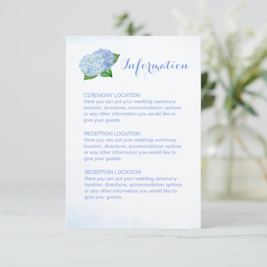 Blue Hydrangea Wedding Information Cards Informatiekaartje (Staand voorkant)