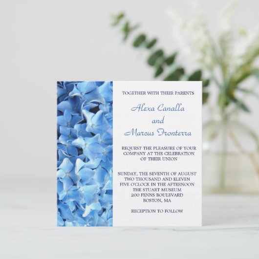 Blue Hydrangea Wedding Invitation Kaart (Staand voorkant)