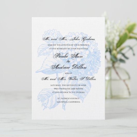 Blue Hydrangea Wedding Invitation Kaart (Staand voorkant)
