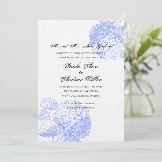 Blue Hydrangea Wedding Invitation Kaart (Staand voorkant)