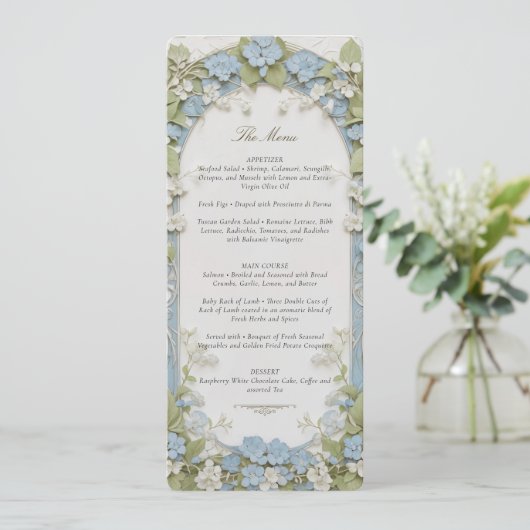 Blue Hydrangea Wedding Menu Kaart (Staand voorkant)