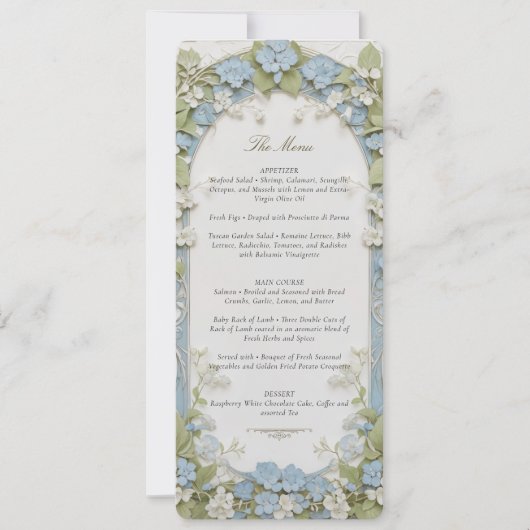 Blue Hydrangea Wedding Menu Kaart (Voorkant)